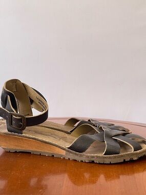 Fly London Tono Sebta black wedge ankle strap sandals | US 8.5